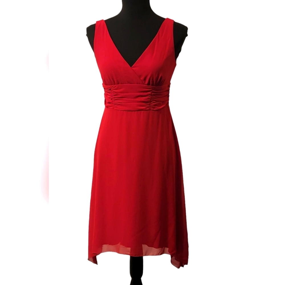 AGB Sheer A-line Deep V-Neckline Zip Midi Dress